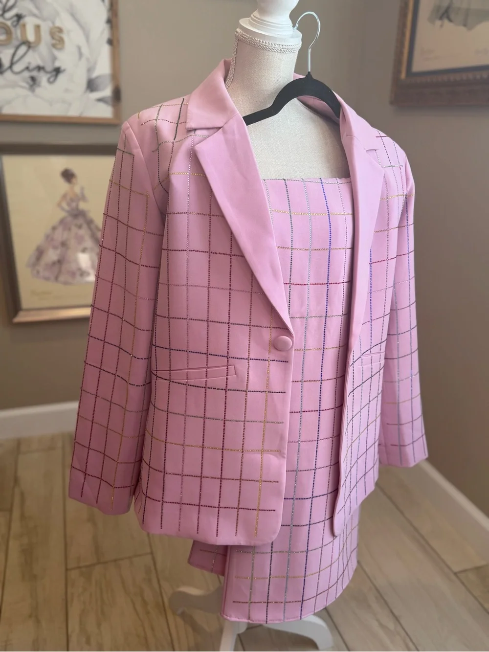 QUEEN OF SPARKLES Pink Rhinestone Plaid Blazer & Wide Leg Pant Set
